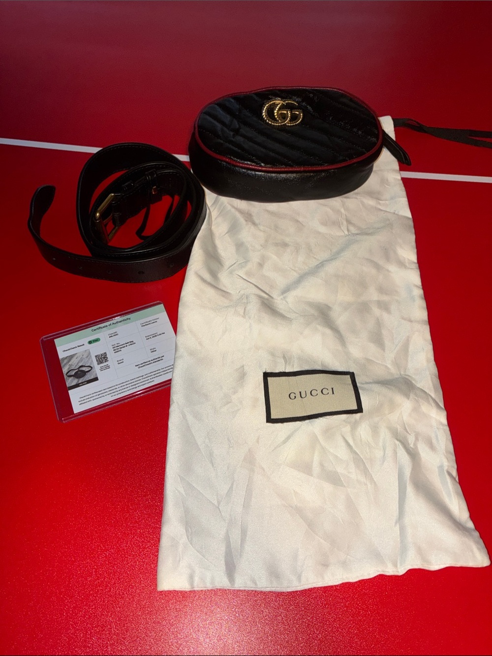 Gucci Black Quilted Leather Oval Belt Bag with Red Piping size 85